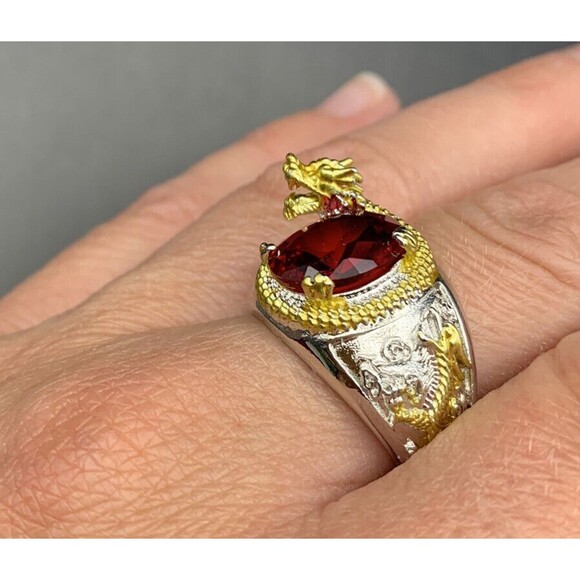 Dragon Ring Size 8 Two Tone Silver Gold Color Red Glass Stone Chunky Bold - Picture 8 of 9